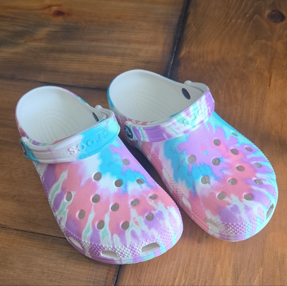 CROCS Tie-Dye Mules in Pink, Blue, and Purple